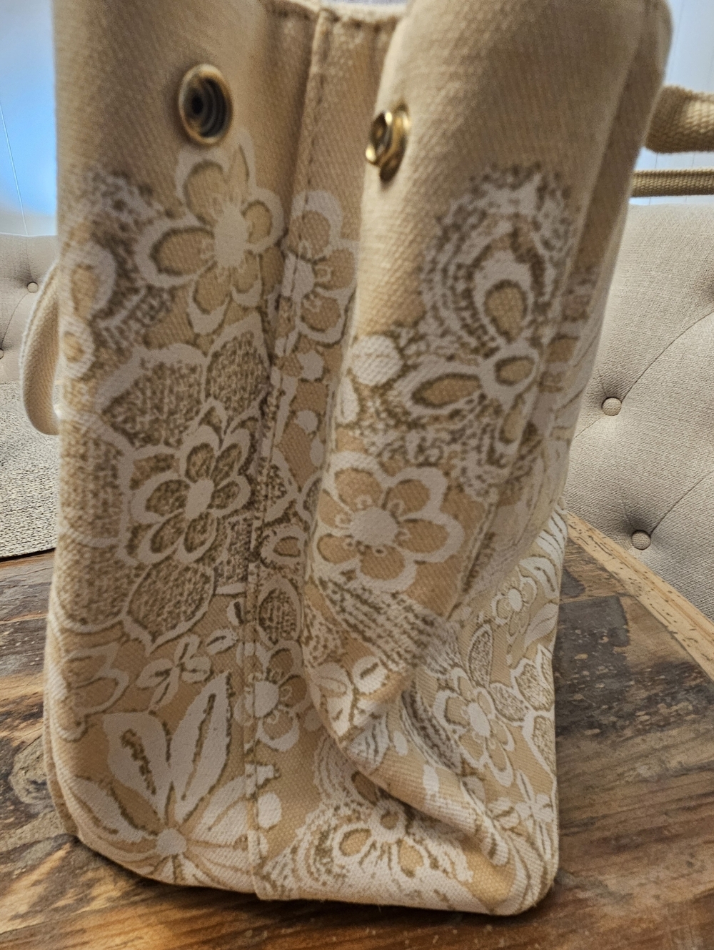 Oscar de la Renta Beige Canvas Floral Tote - Picture 9 of 9